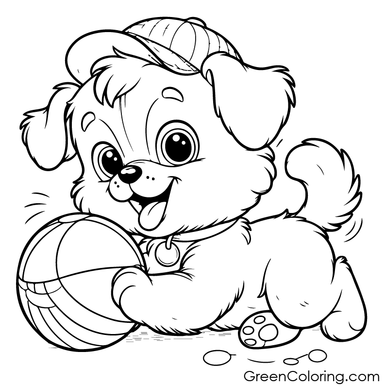 A cute dog plays with a ball coloring page. free coloring pages for kids.