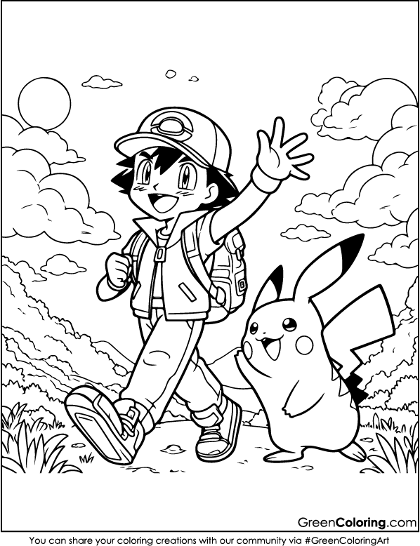 Ash Ketchum and Pikachu coloring page for kids