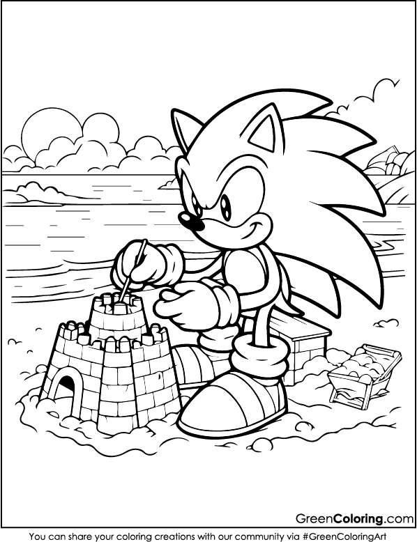Sonic builds a castle on the beach colouring page pdf