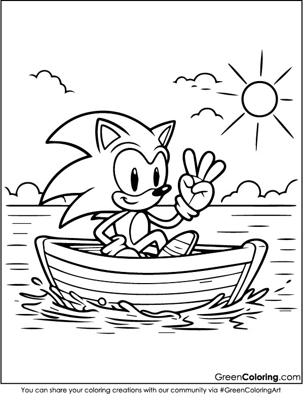 Sonic in a boat in the middle of the sea coloring pages