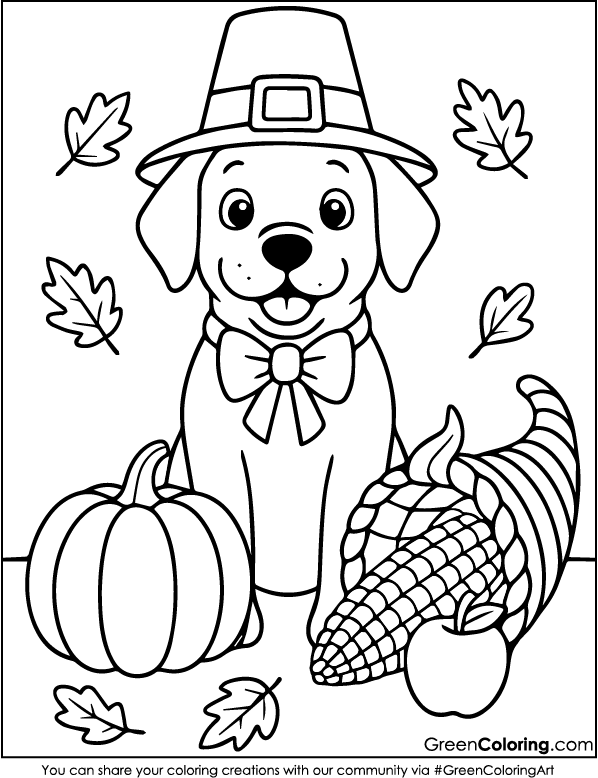 Cute Dog Thanksgiving Coloring Page PDF Printable