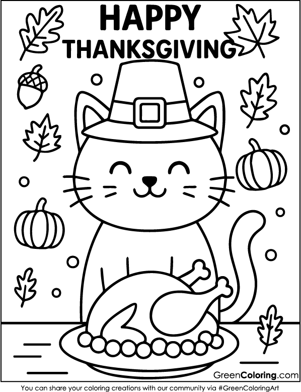 Cute Cat Thanksgiving Coloring Page PDF Printable