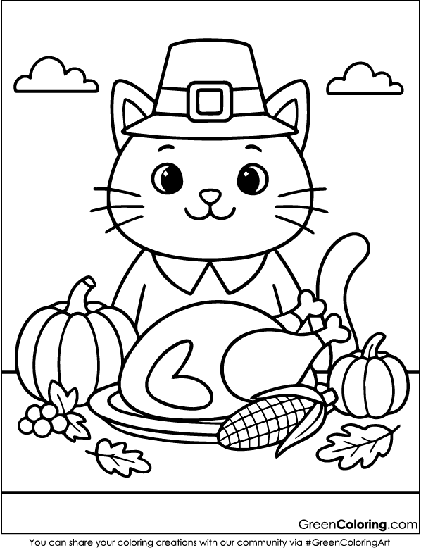 Cute Cat Thanksgiving Coloring Page PDF Printable