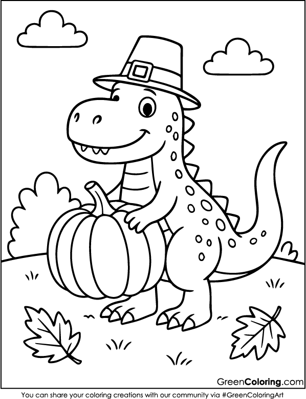 Cute Dinosaur Thanksgiving Coloring Page PDF Printable