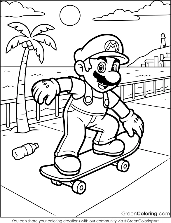 Mario skateboard coloring pages