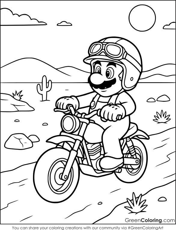 Super Mario riding a motorcycle coloring page
