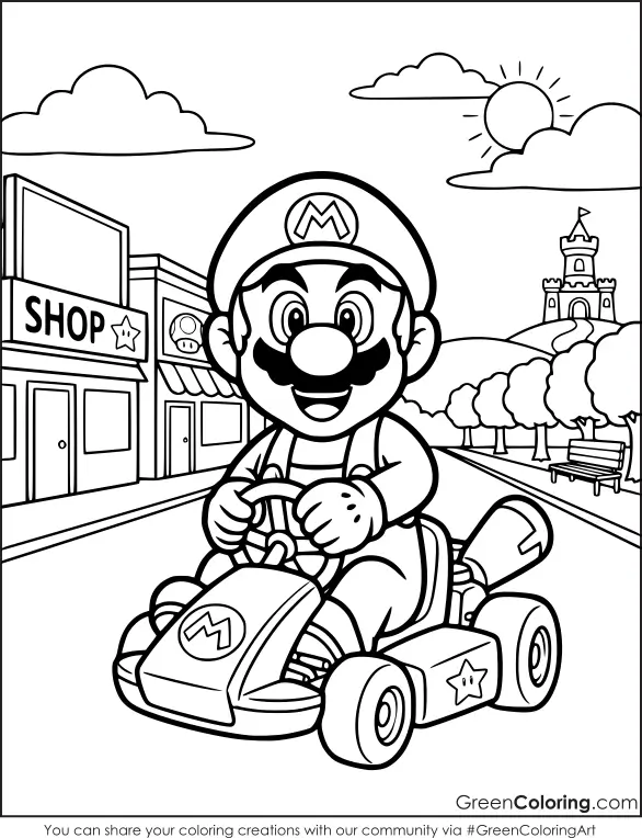 Mario Kart racing car coloring page printable