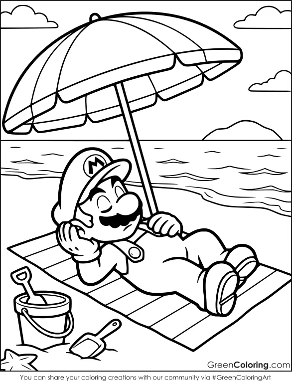 Mario on the beach simple coloring page for kids
