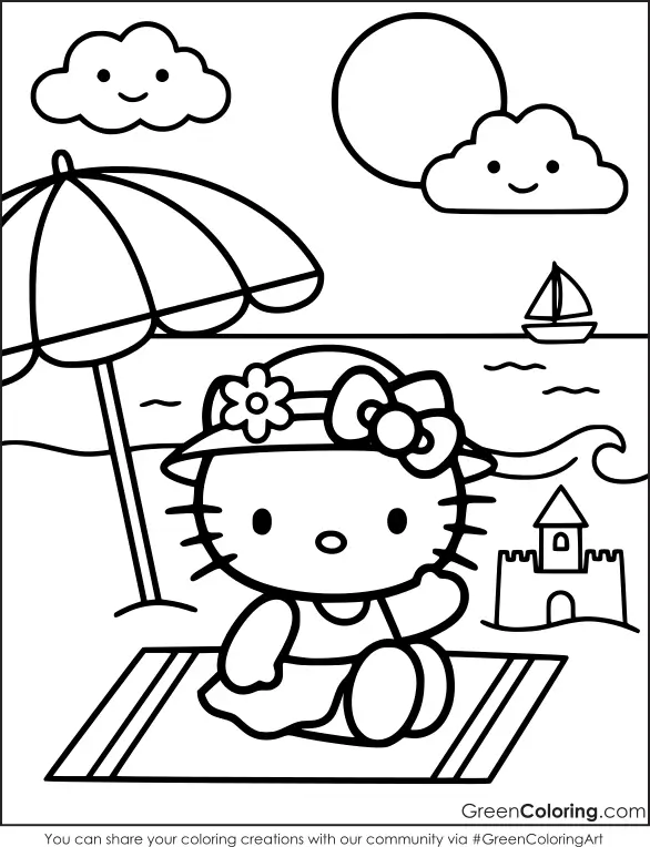 Hello Kitty in Beach Coloring Pages