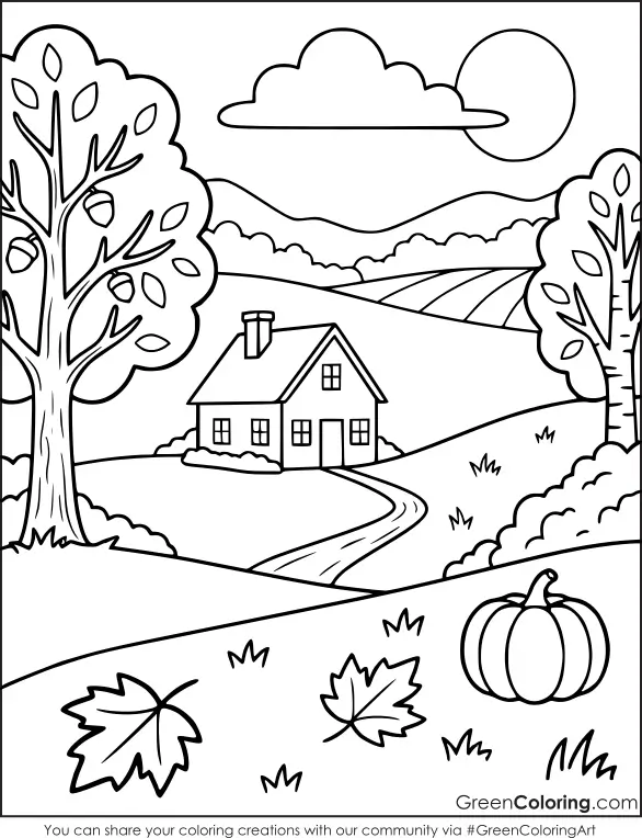 Printable Coloring Pages of Fall House PDF