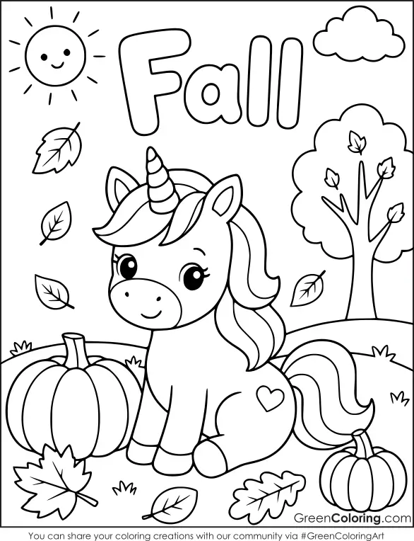 Fall Unicorn Coloring Pages for Kids