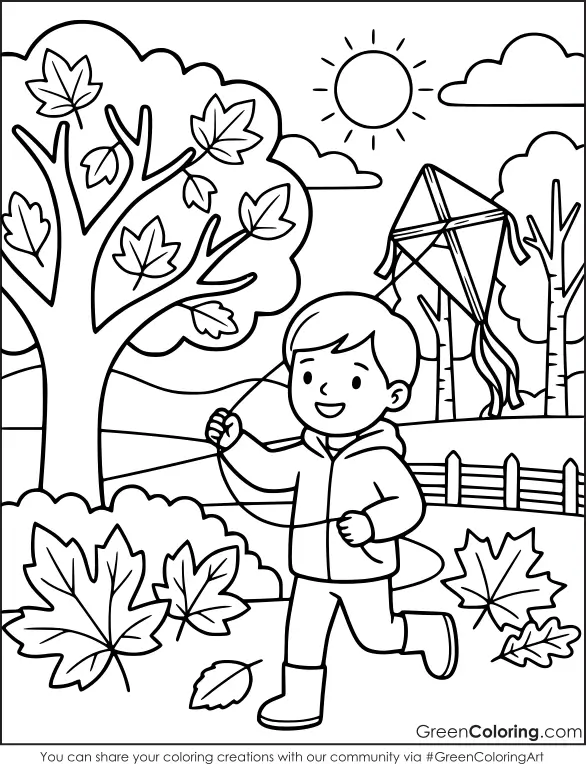Coloring Pages of Kids Play in Fall