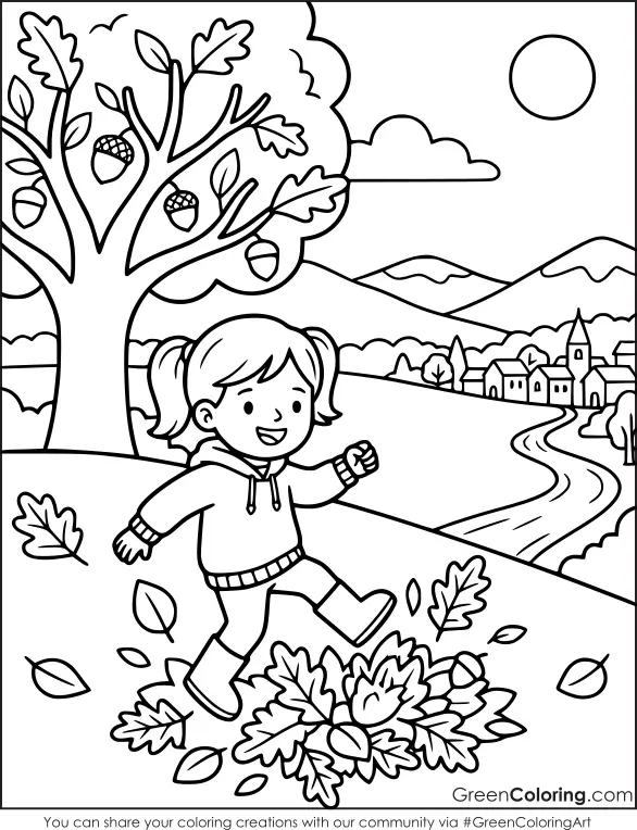 Free Coloring Page of Kids Play in Fall