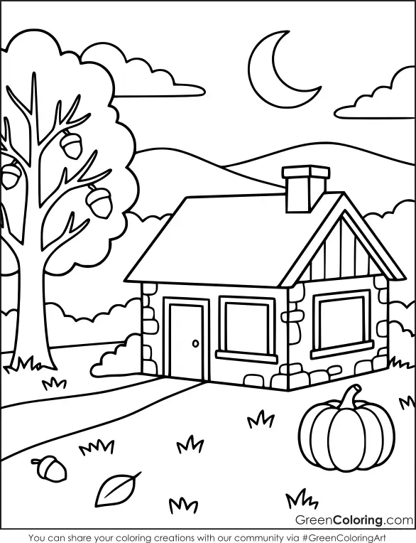 Fall House Coloring Pages for Kids and Adults