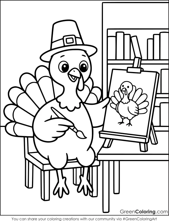 Turkey artist on a chair painting a turkey picture on an easel, with a bookshelf behind, a turkey coloring page.