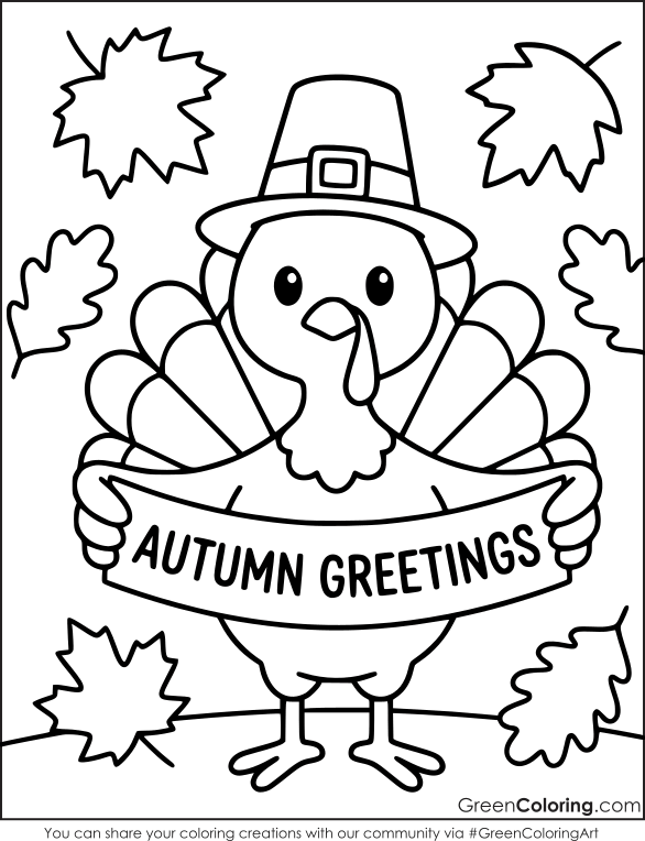 Turkey holding an Autumn Greetings banner, surrounded by large maple and oak leaves, an autumn turkey coloring page.