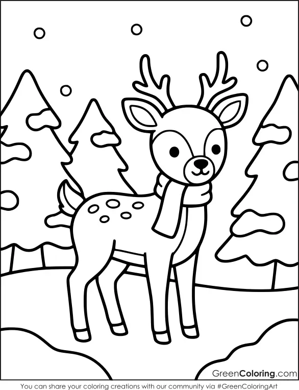Spotted baby reindeer wearing a scarf in a snowy pine forest, an easy winter animal coloring page for young kids.