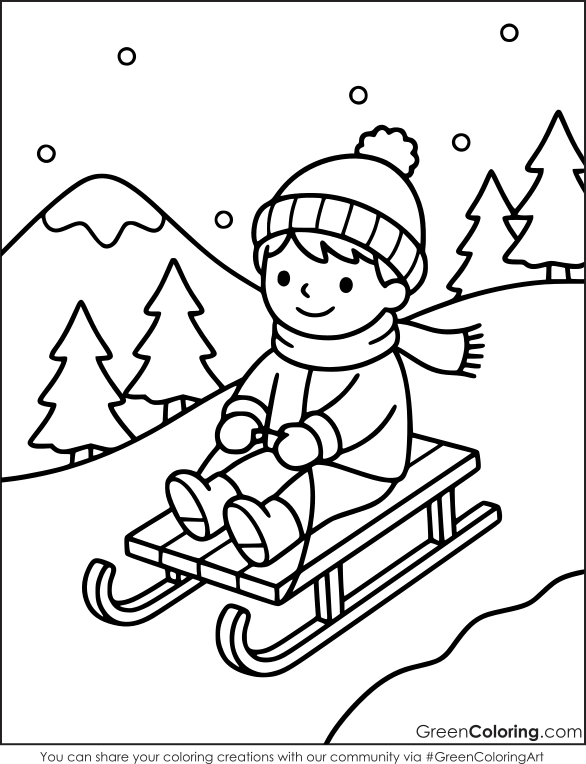Smiling boy in a striped knit hat and scarf riding a wooden sled down a snowy hill, a printable winter coloring page.
