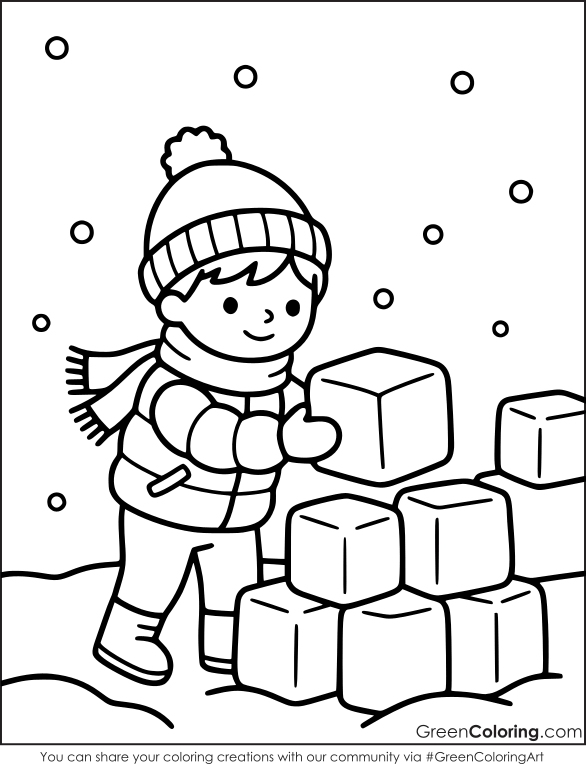 Boy in a striped knit hat and scarf stacking ice blocks in the snow, an easy printable winter coloring sheet.
