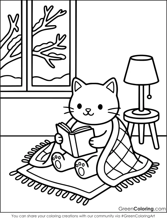Cat in a checkered quilt reading a book on a fringed rug near a lamp and a snowy window, a winter cat coloring page.