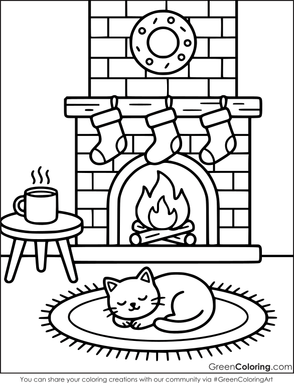 Cat asleep on a rug by a brick fireplace with three stockings and a wreath, a cozy Christmas and winter coloring page.