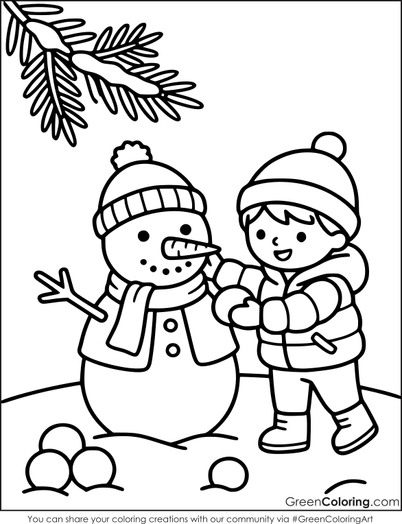 Child in a puffy coat building a snowman with a carrot nose, striped hat and stick arm, a classic winter coloring sheet.