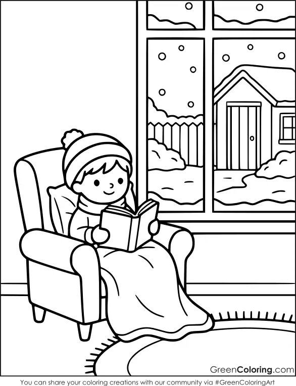 Child under a blanket reading in an armchair by a big window with a snowy house outside, a cozy winter coloring sheet.