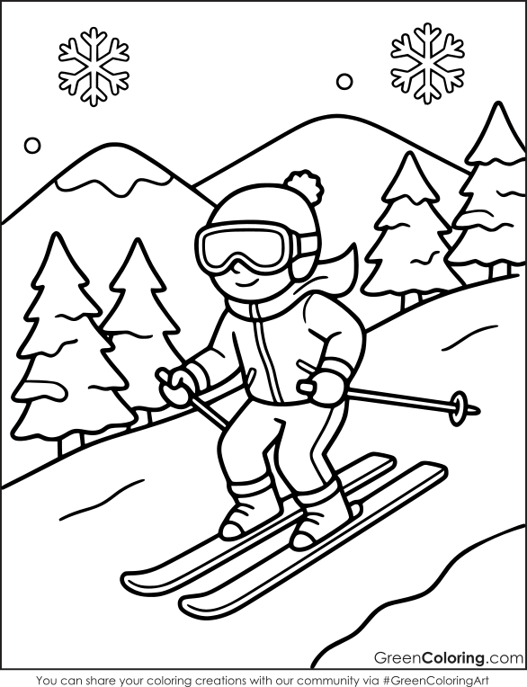 Child in goggles and a pom-pom hat skiing downhill past pine trees, a winter sports coloring sheet with snowflakes.