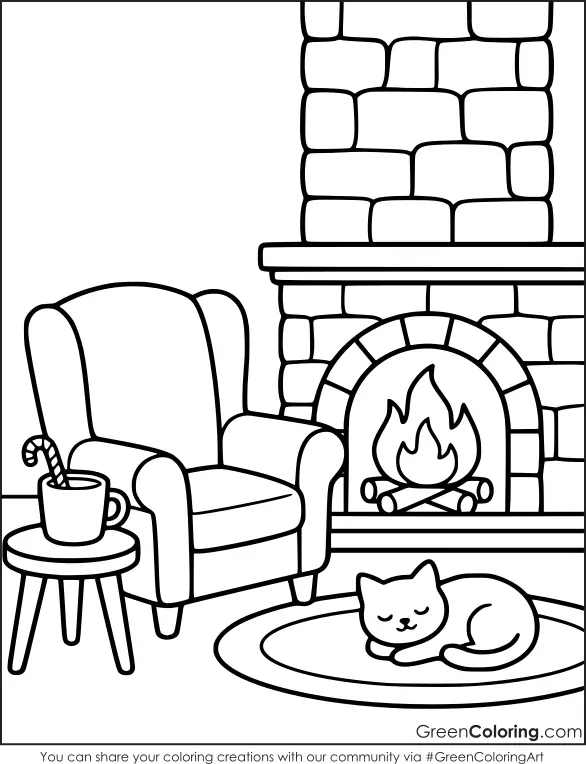 Wingback armchair beside a stone fireplace with a warm fire and a cat napping on a rug, a relaxing winter coloring sheet.