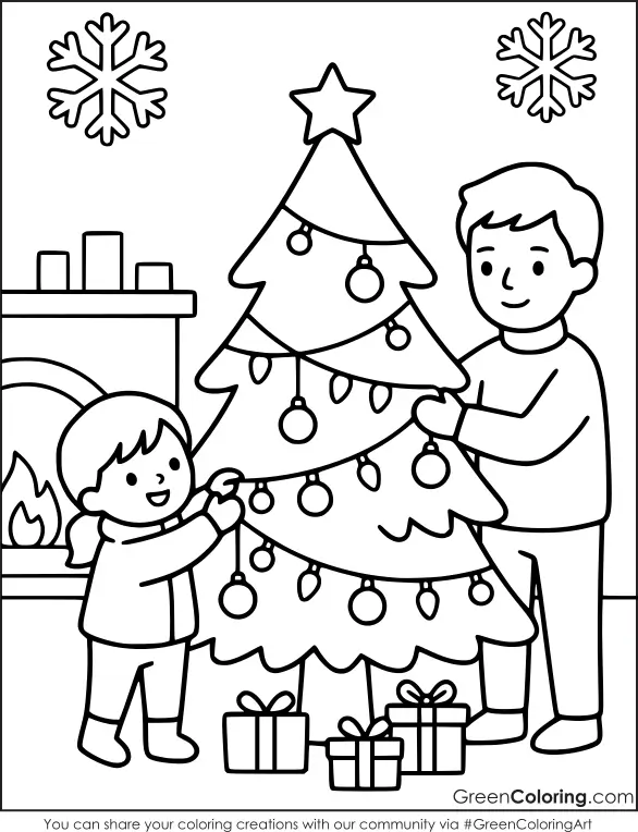 Father and little girl hanging ornaments on a Christmas tree by the fireplace, a holiday winter coloring page with gifts.