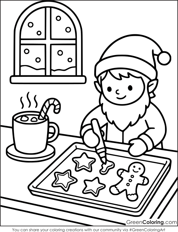 Bearded elf icing star and gingerbread man cookies beside hot cocoa with a candy cane, a festive winter coloring sheet.