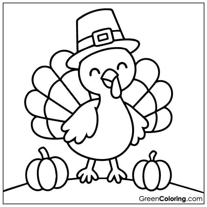 Cute Thanksgiving turkey wearing a pilgrim hat standing between two pumpkins, printable coloring page preview.