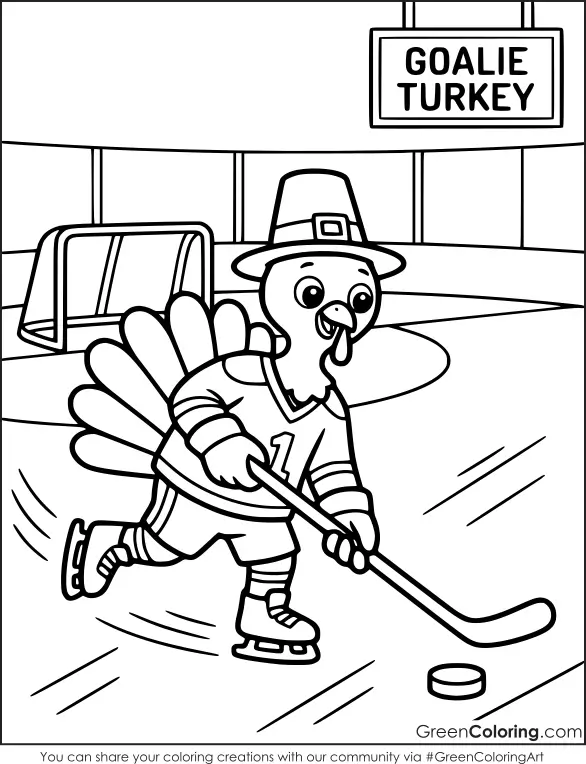 Turkey in a jersey skating on ice with a hockey stick and puck, a net and a Goalie Turkey sign behind.