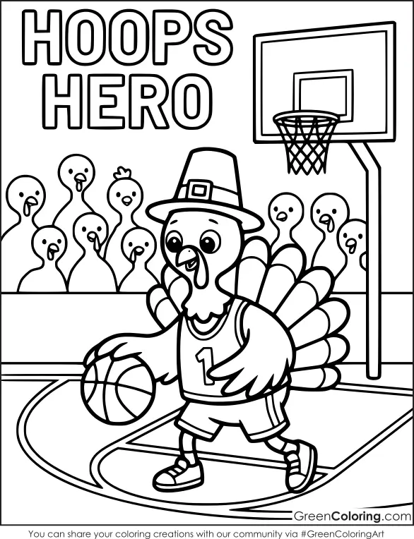Turkey in a number 1 jersey dribbling a basketball on a court, with a hoop, turkey fans and Hoops Hero lettering.