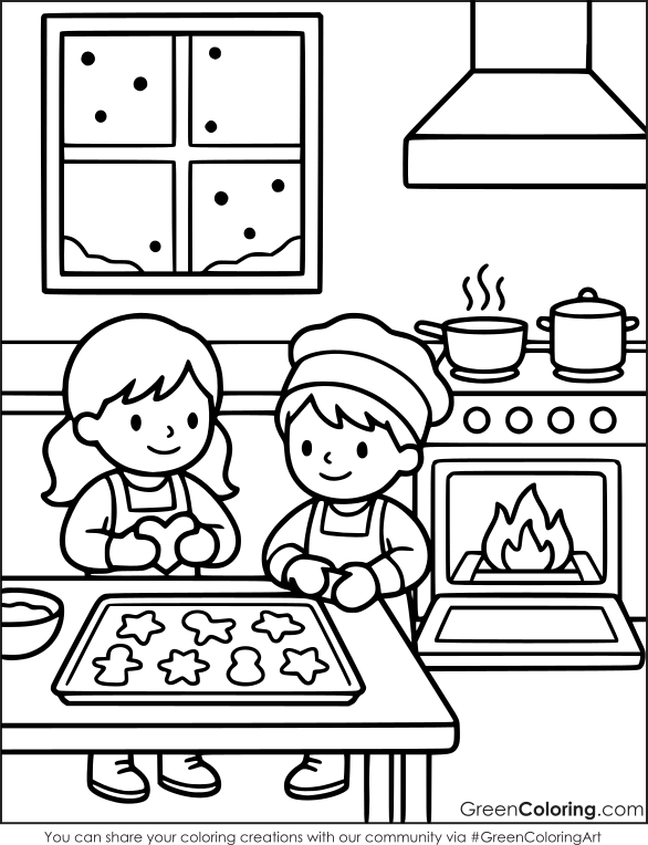 Two kids in aprons cutting star and gingerbread cookies in a warm kitchen, a winter coloring page with a snowy window.