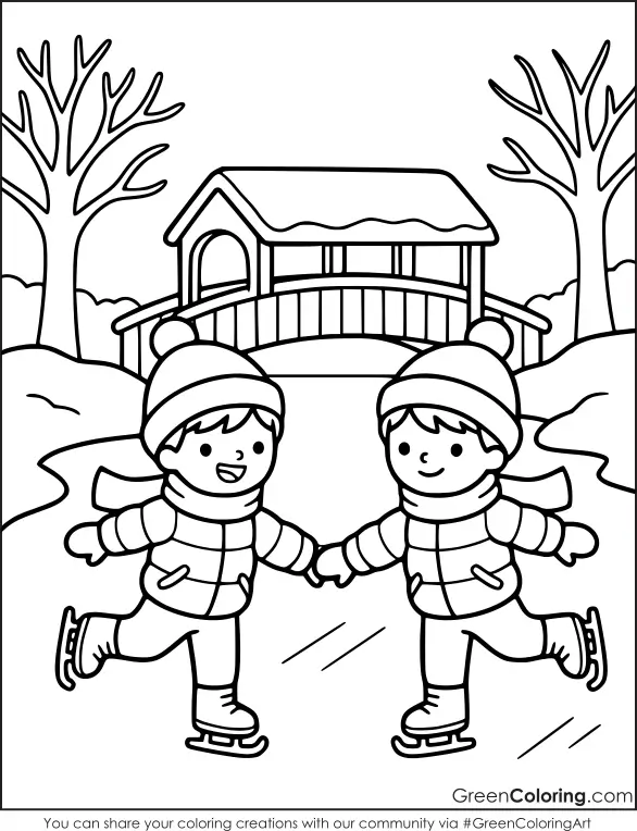 Two kids holding hands while ice skating on a frozen pond near a covered bridge and bare trees, a winter coloring page.