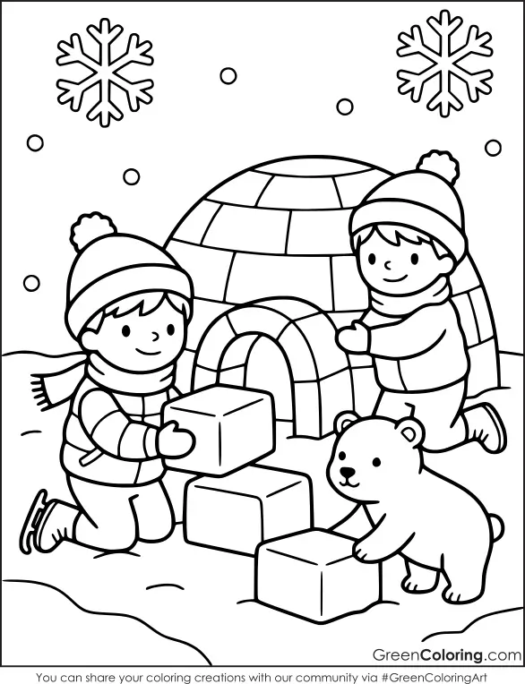 Two kids stacking ice blocks to build an igloo while a polar bear cub pushes a block, an arctic winter coloring page.