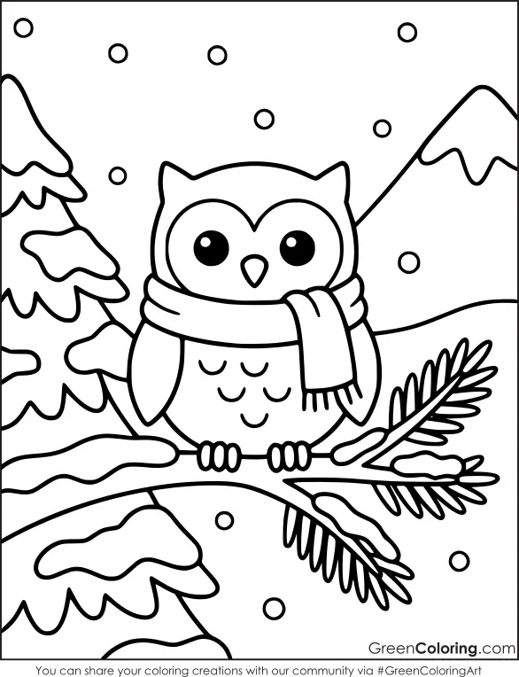 Round owl wearing a knitted scarf perched on a snowy pine branch with mountains behind, a winter bird coloring page.