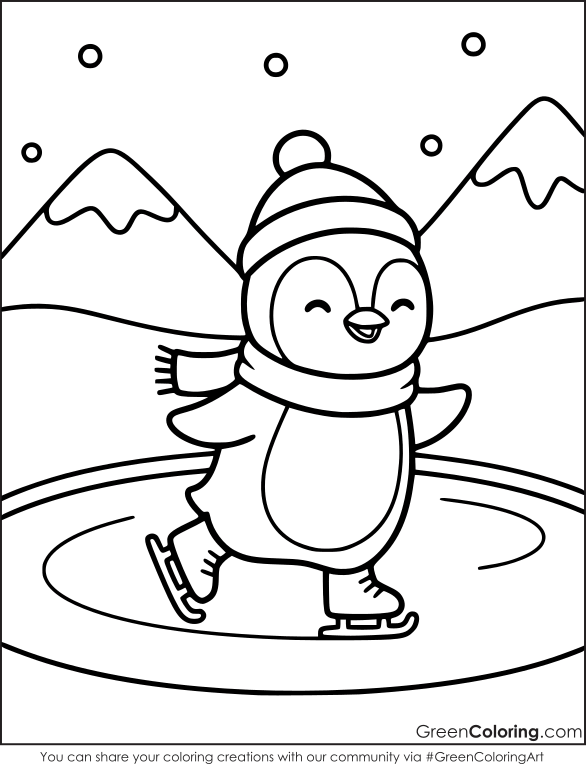 Smiling penguin in a pom-pom hat and scarf ice skating on a frozen pond with mountains behind, a cute winter coloring page.
