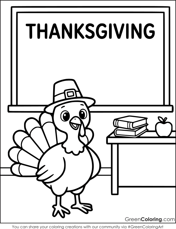 Turkey standing by a chalkboard that reads Thanksgiving at School, next to a desk with books and an apple, coloring sheet.