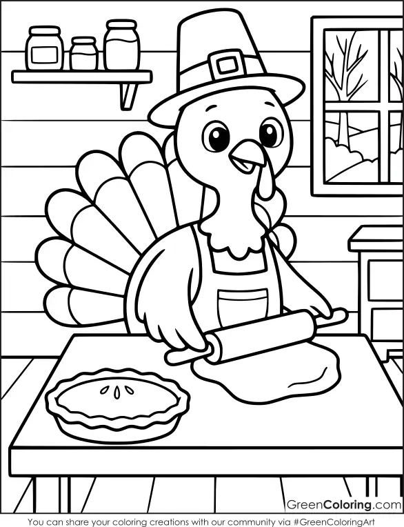 Turkey in an apron rolling pie dough with a rolling pin beside a finished pie, jars on a shelf behind.