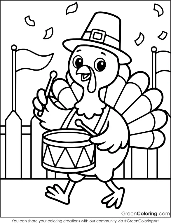 Turkey marching and playing a drum with two sticks, with flags and confetti, a Thanksgiving parade coloring sheet.