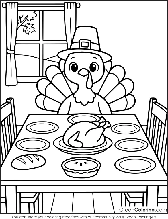 Turkey at the head of a set dinner table with a roast, bread, pie and empty plates, Thanksgiving turkey coloring page.