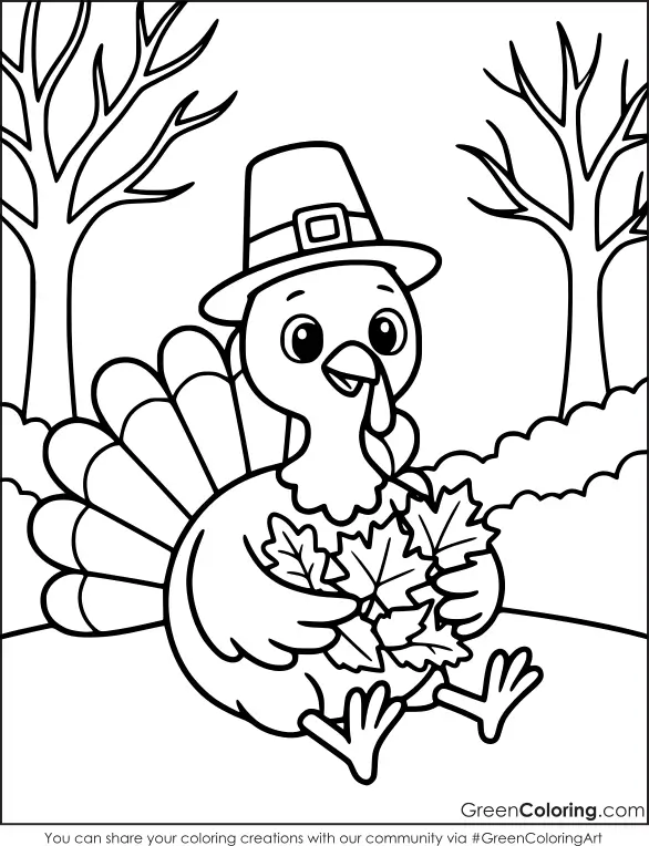 Baby turkey sitting on the ground hugging a bundle of maple leaves between two bare trees, fall turkey coloring page.