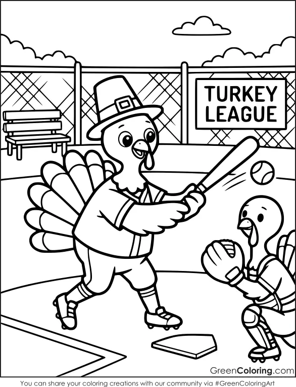 Turkey swinging a bat at a pitched ball as a turkey catcher waits by home plate under a Turkey League sign, coloring page.