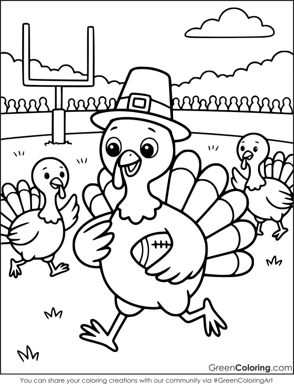 Turkey running with a football on a field with a goal post, two more turkeys and a crowd behind, coloring page.