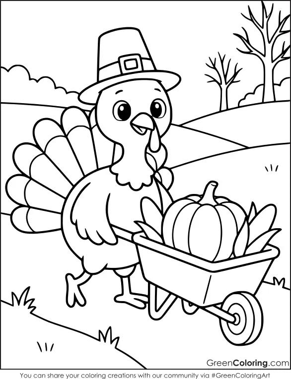 Turkey pushing a wheelbarrow full of a pumpkin and corn over rolling hills, printable turkey coloring page for fall.