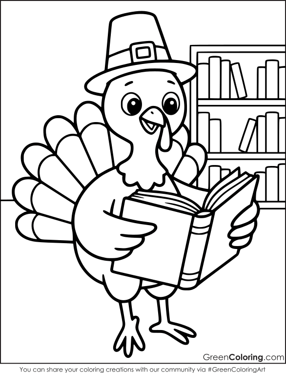 Turkey in a pilgrim hat reading an open book in front of a bookshelf, a cute turkey coloring page.