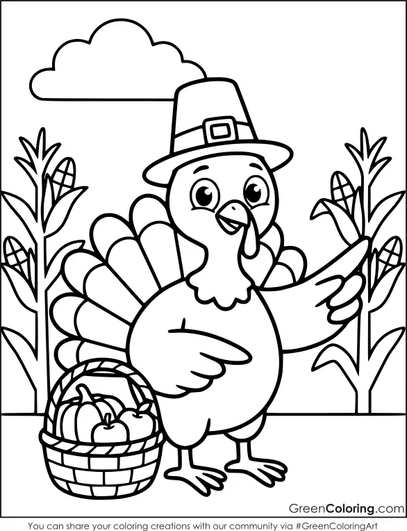 Turkey waving in a cornfield next to a woven basket of pumpkins and apples, a Thanksgiving coloring sheet.