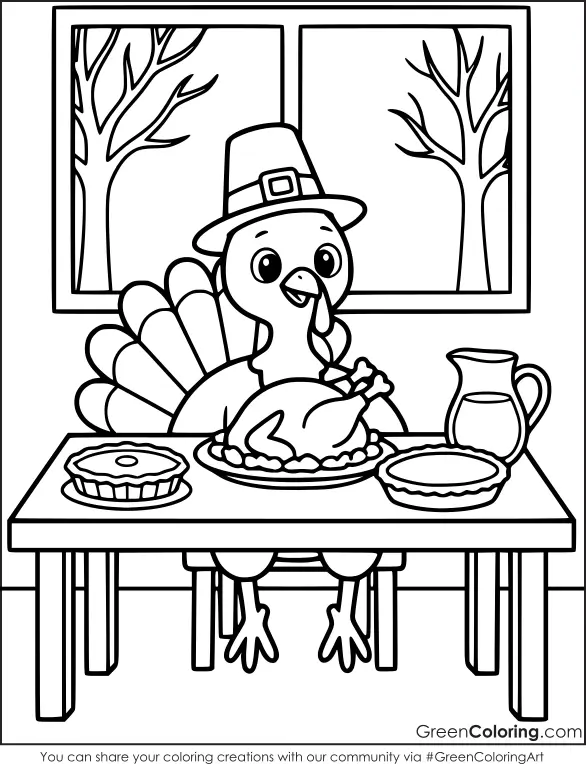 Turkey seated at a dinner table with a roast, two pies and a pitcher, bare trees seen through the window, coloring sheet.